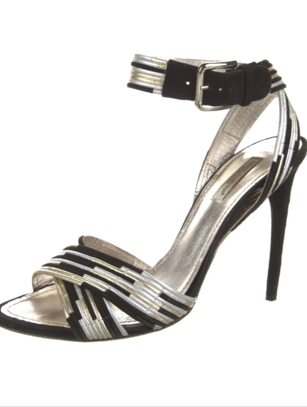 Dolce & Gabbana Black Silver Leather Colorblock Criss-Cross Heeled Sandals Sz 38 - Picture 2 of 11